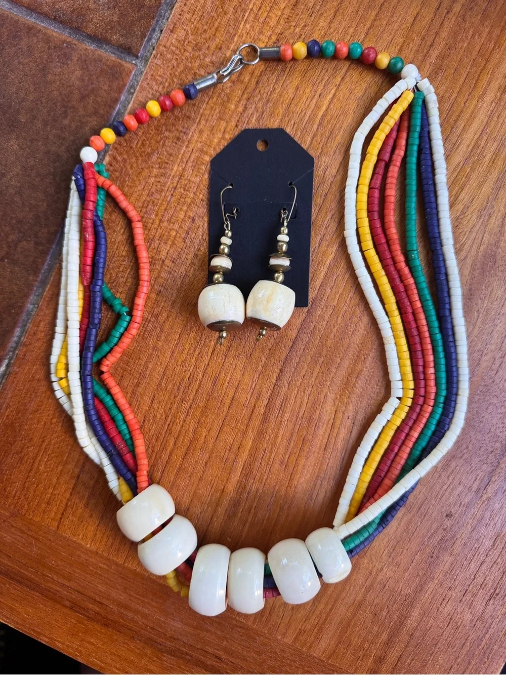Multicolor Beaded Necklace and Earring Set with Cream Accents